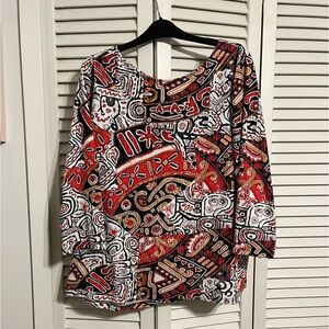 Ruby Rd. Woman Top, red/White/Black Geometric Designs, Women’s Size 1X
